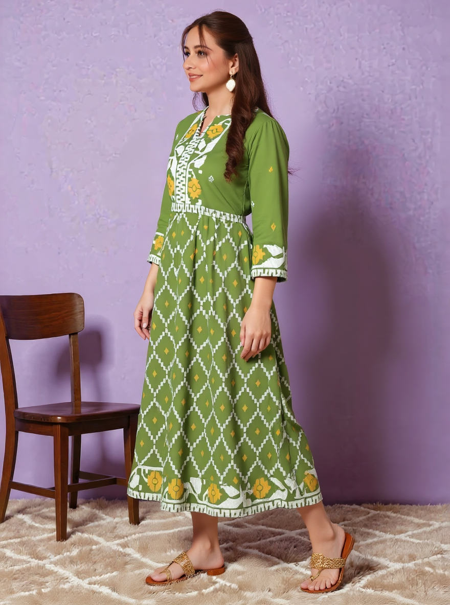 Soft Cotton Geometric Flared Green Dress