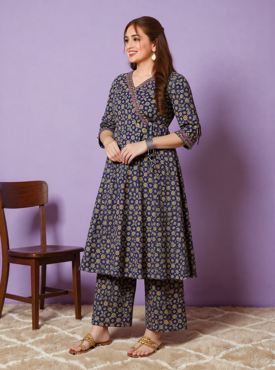 Soft Cotton Geometric Angrakha Navy Blue Kurta