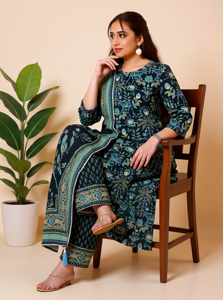 Embroidered Soft Cotton Floral Straight Black Kurta