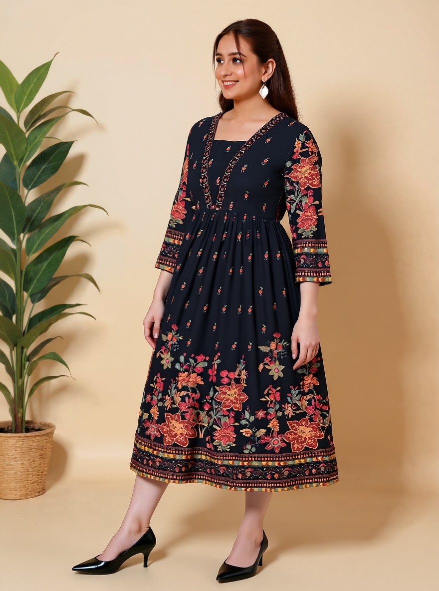 Viscose Placement Print Flared Black Dress