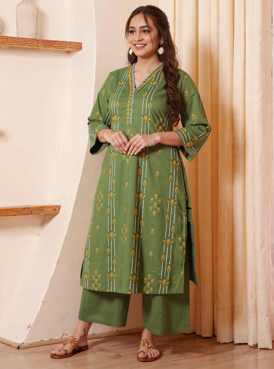 Soft Cotton Geometric A-line Green Kurta