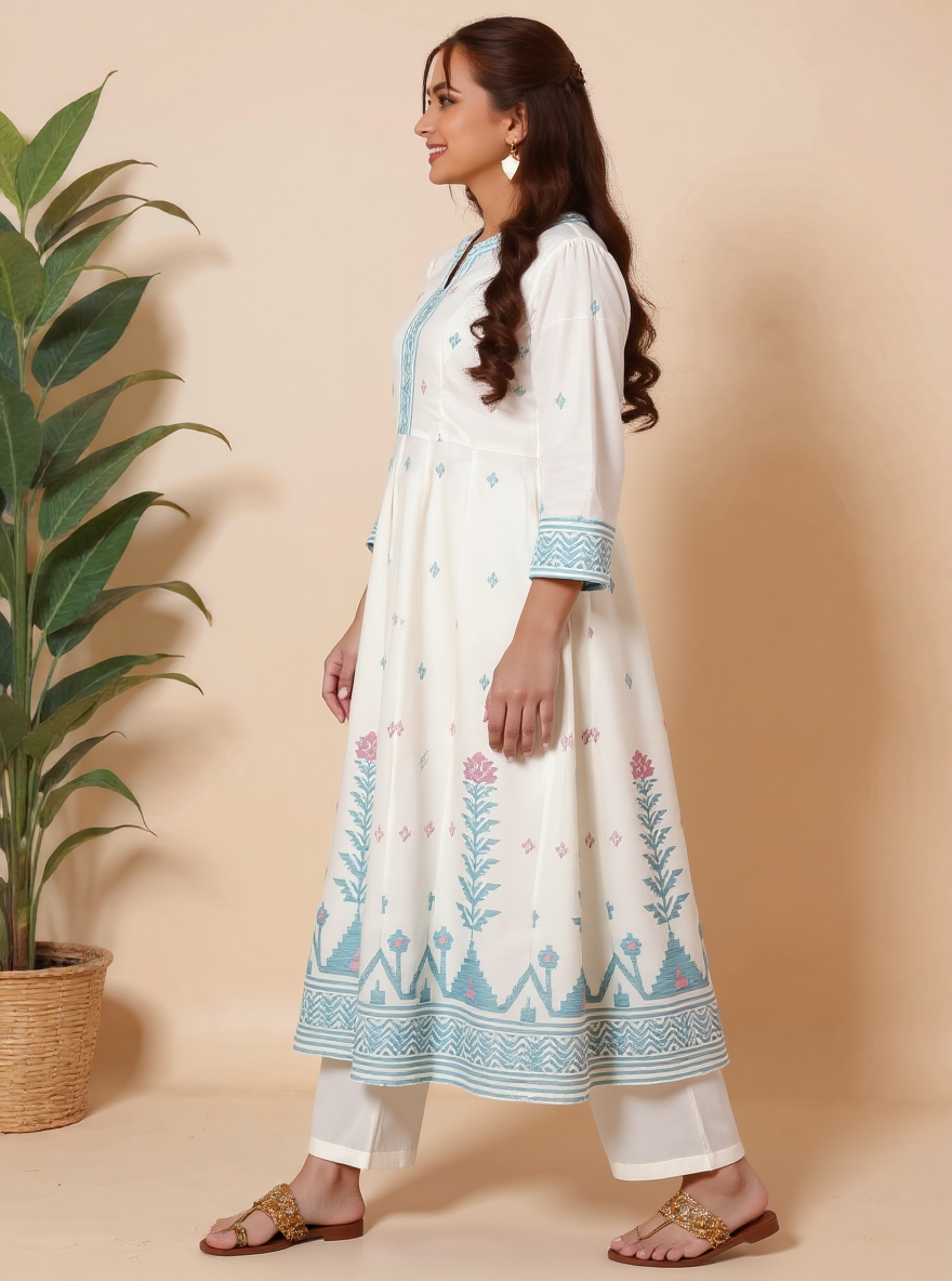 Soft Cotton Geometric Angrakha Off White Kurta
