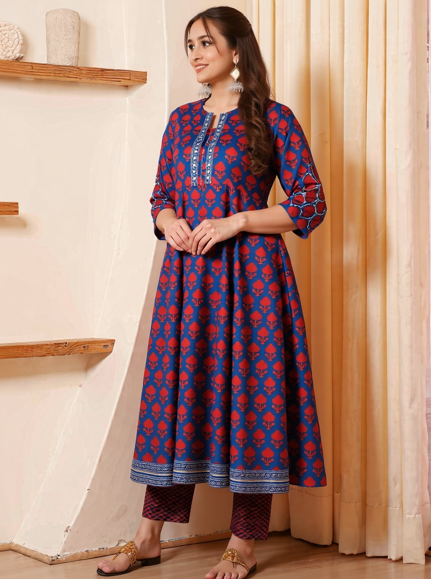 Embroidered Soft Cotton Block Print Flared Navy Blue Kurta
