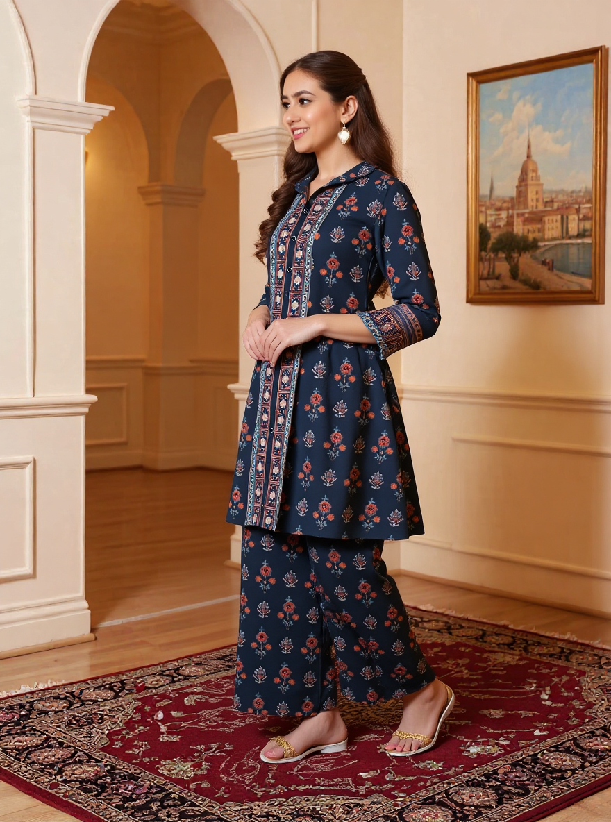 Soft Cotton Floral High Low Black Kurta