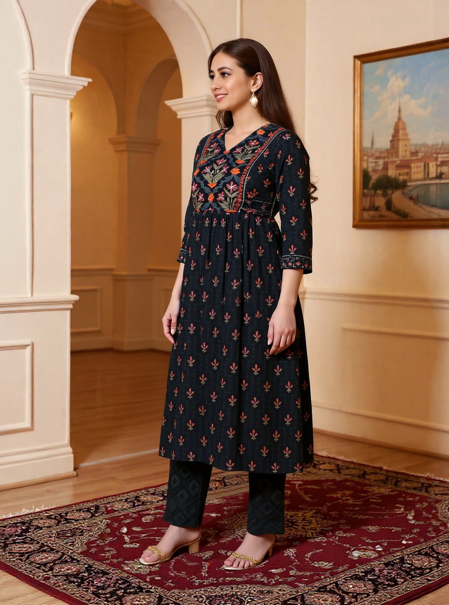 Soft Cotton Floral Flared Black Kurta