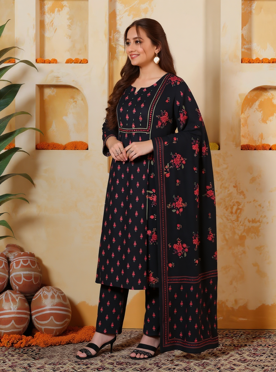 Embroidered Viscose Floral Flared Black Kurta