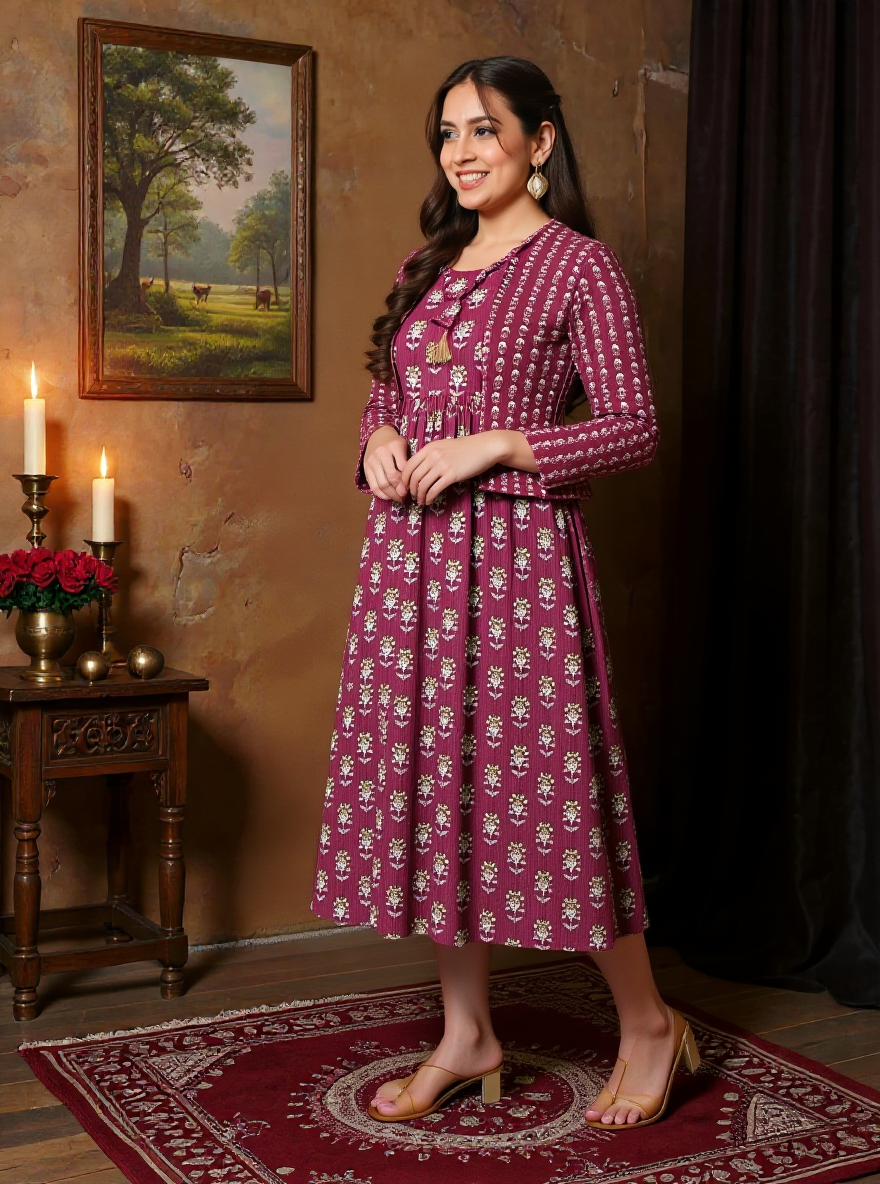Kantha Cotton Floral Gathered Purple Dress with Necklace