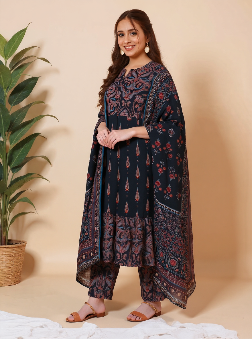 Soft Cotton Geometric Anarkali Black Kurta