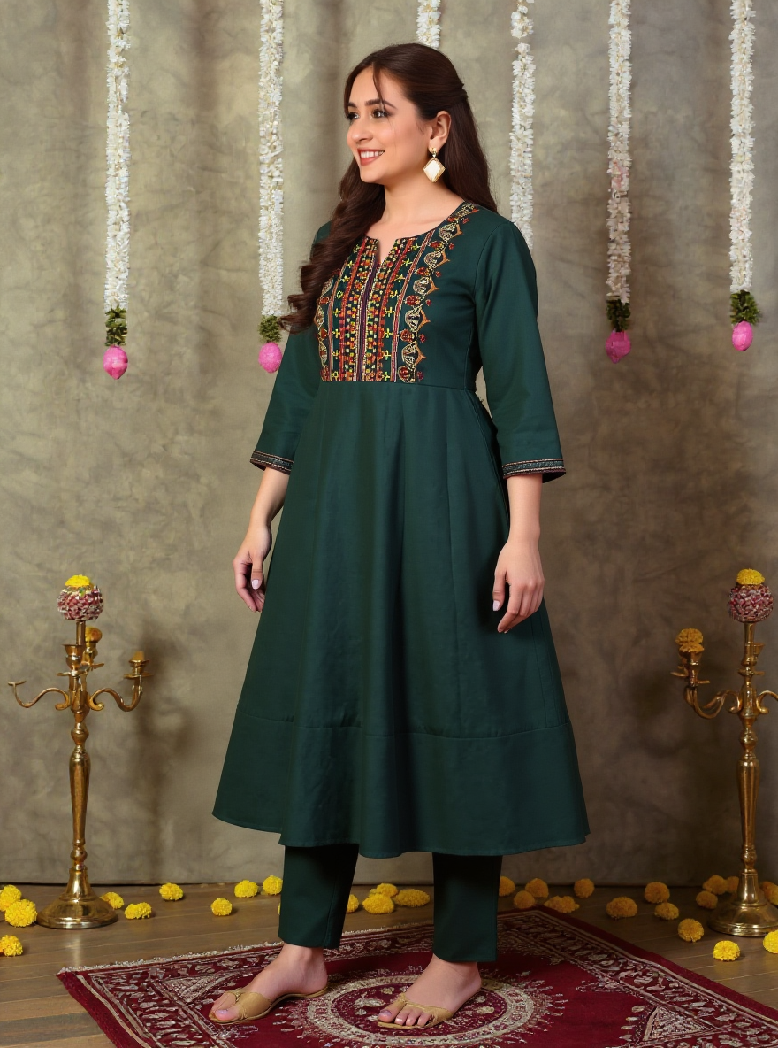 Embroidered Linen Cotton Solid Green Kurta