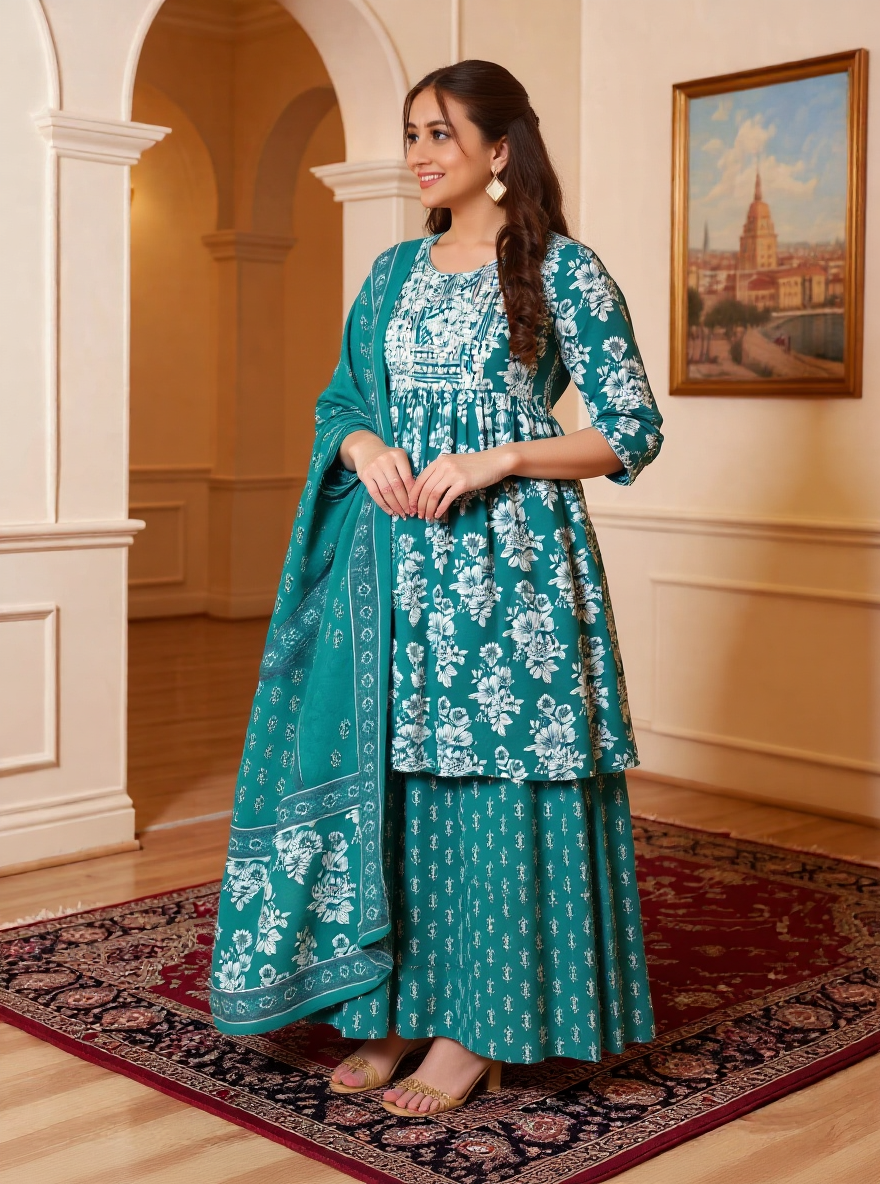 Embroidered Soft Cotton Floral Flared Green Kurta
