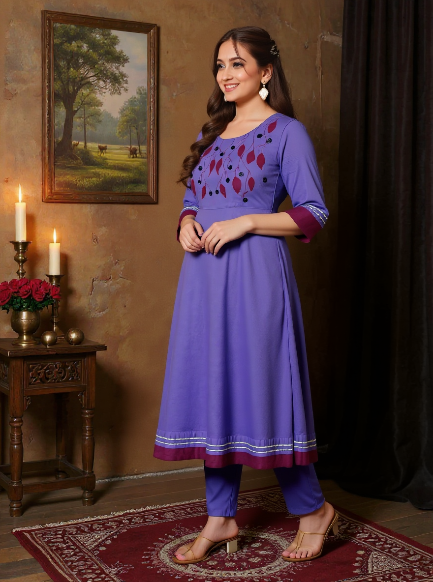 Embroidered Linen Cotton Solid Anarkali Purple Kurta
