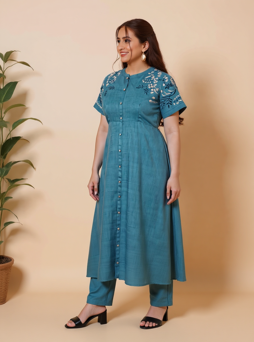 Embroidered Linen Blend Solid A-line Teal Dress