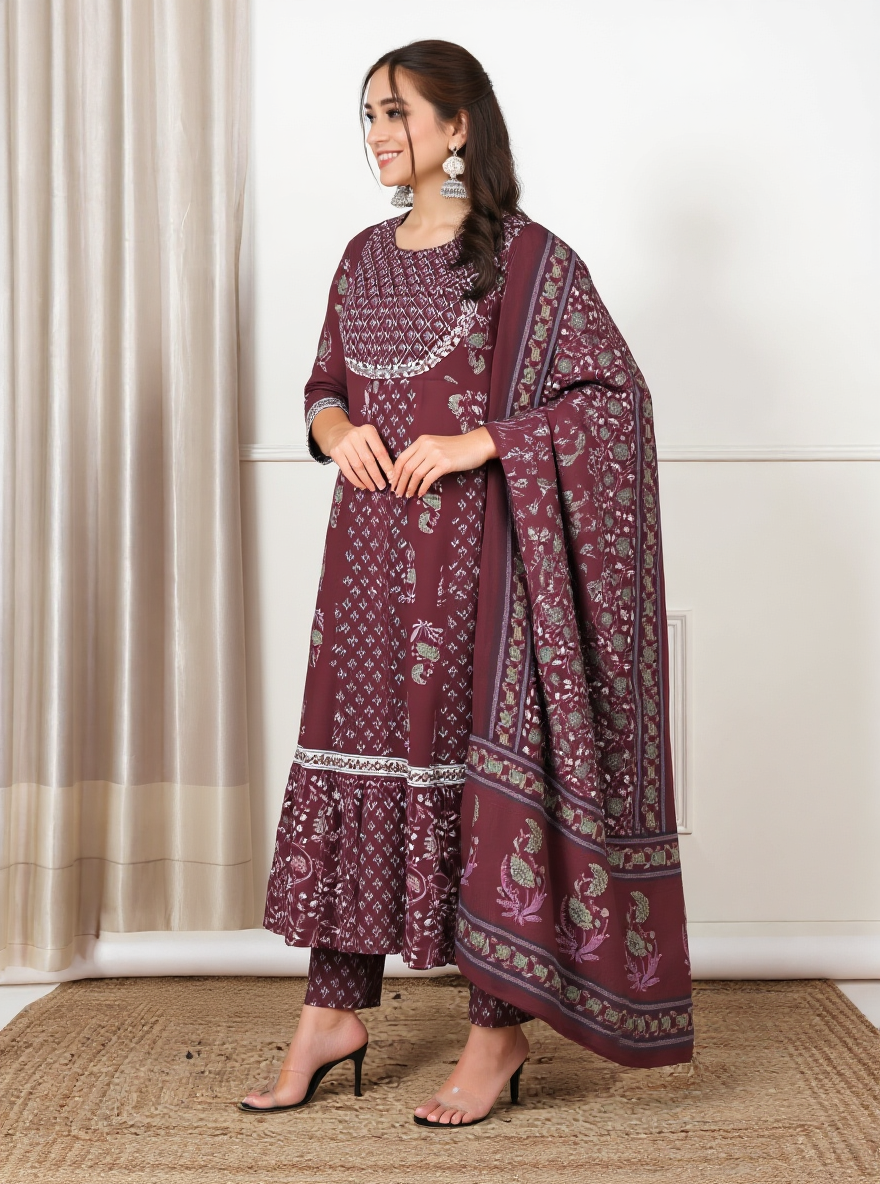Embroidered Soft Cotton Floral Anarkali Maroon Kurta