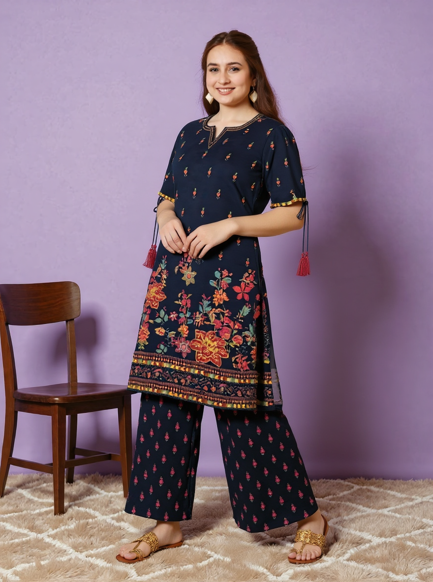 Embroidered Viscose Floral Straight Black Kurta