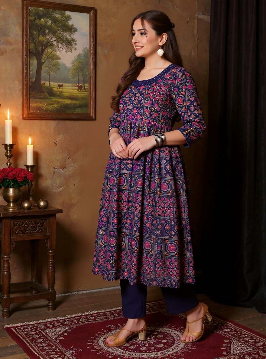 Soft Cotton Geometric Flared Navy Blue Kurta