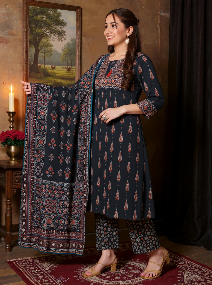 Soft Cotton Geometric Flared Black Kurta