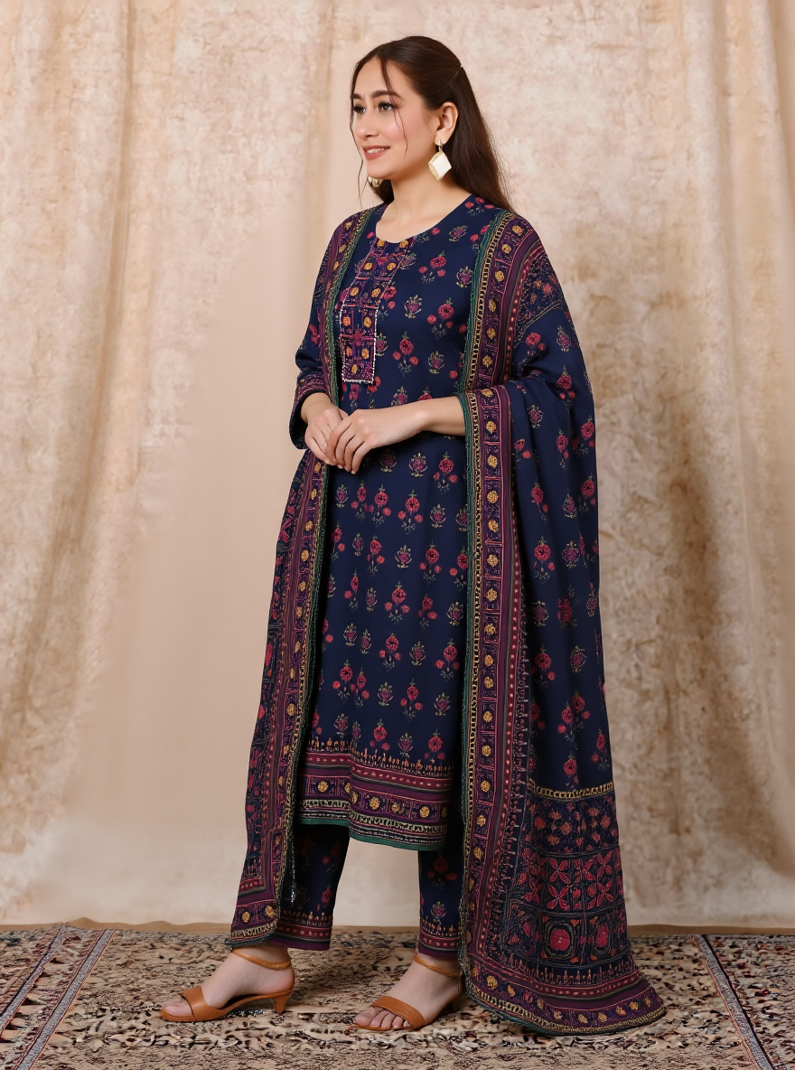 Soft Cotton Floral Straight Blue Kurta