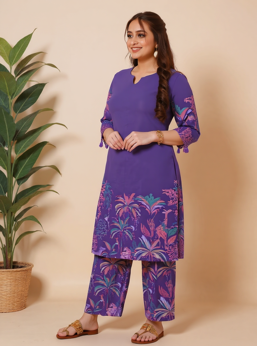 Soft Cotton Placement Print Straight Purple Kurta