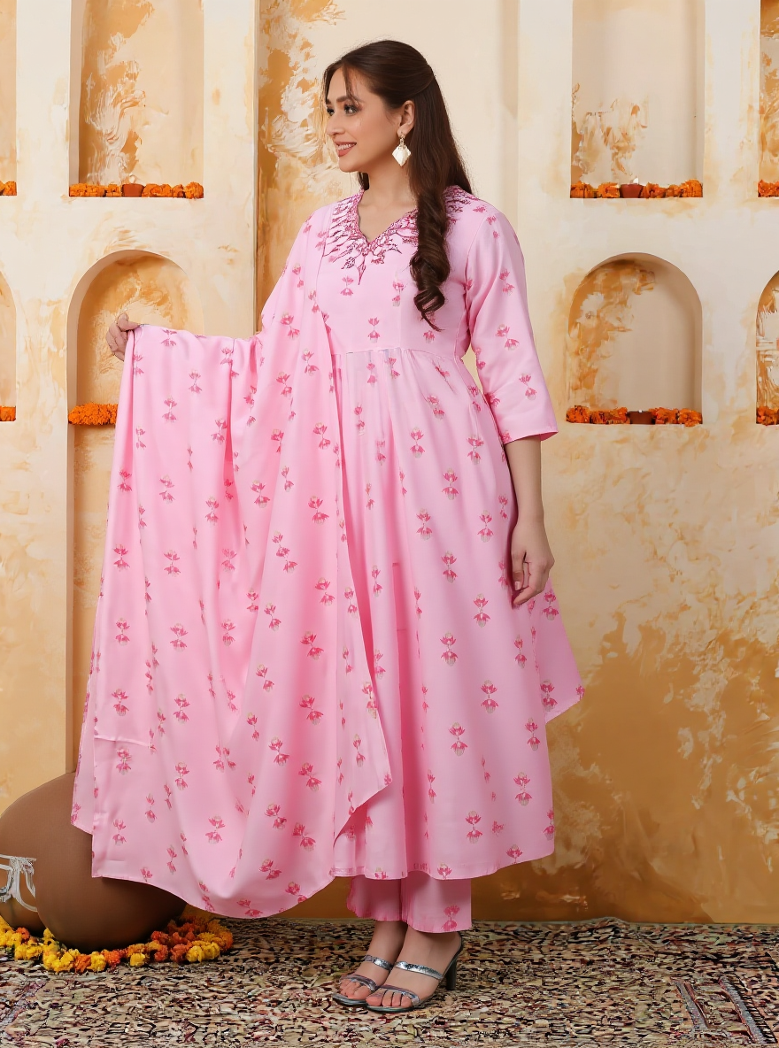 Embroidered Chanderi Ikat Angrakha Baby Pink Kurta