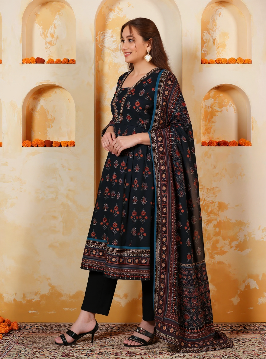 Soft Cotton Geometric Anarkali Black Kurta