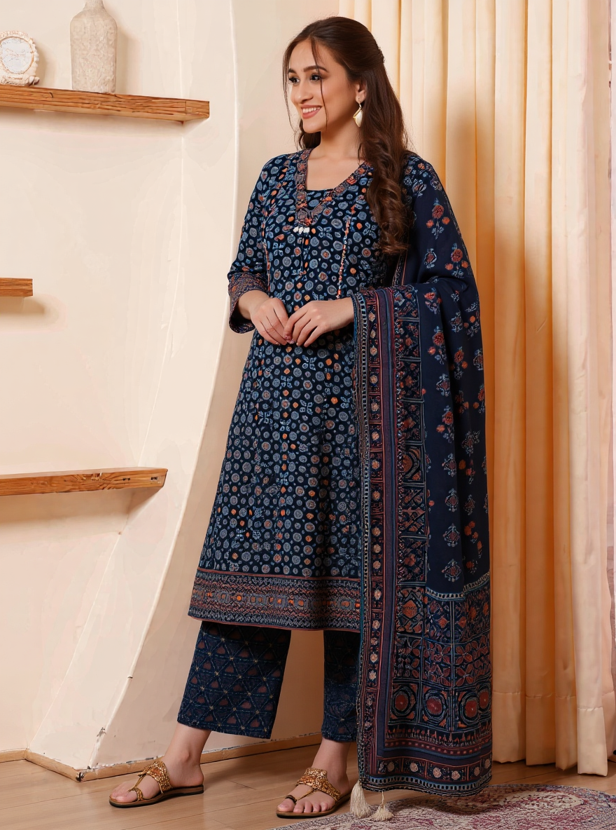 Soft Cotton Geometric Flared Black Kurta