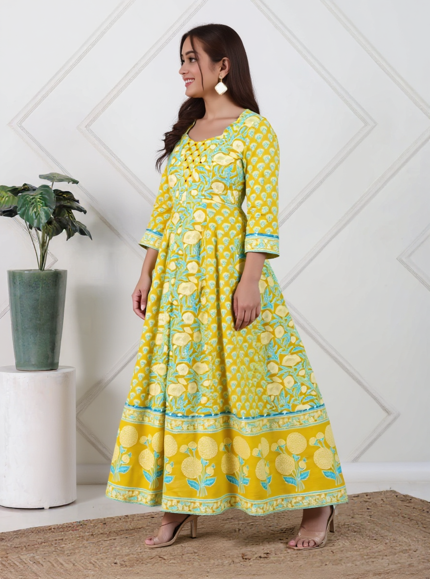 Embroidered Soft Cotton Floral Flared Lemon Yellow Kurta