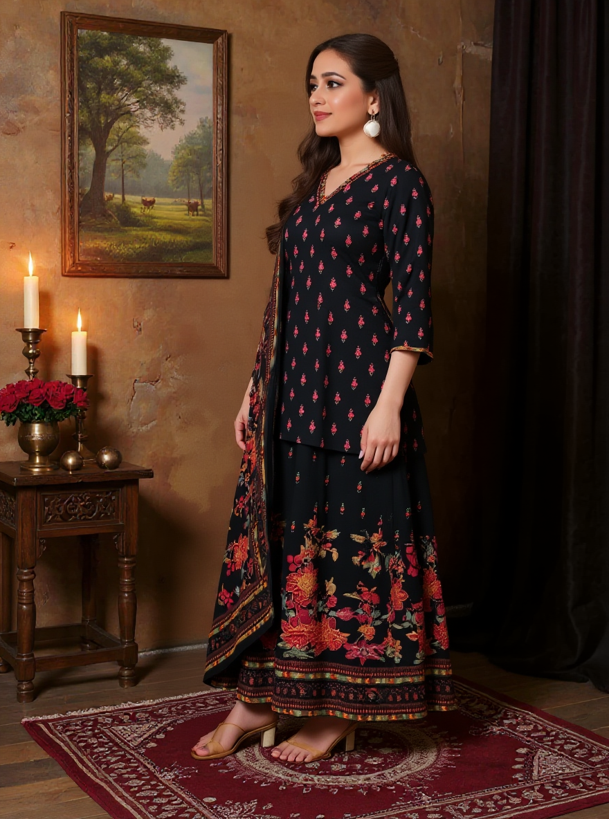 Viscose Placement Print Straight Black Kurta
