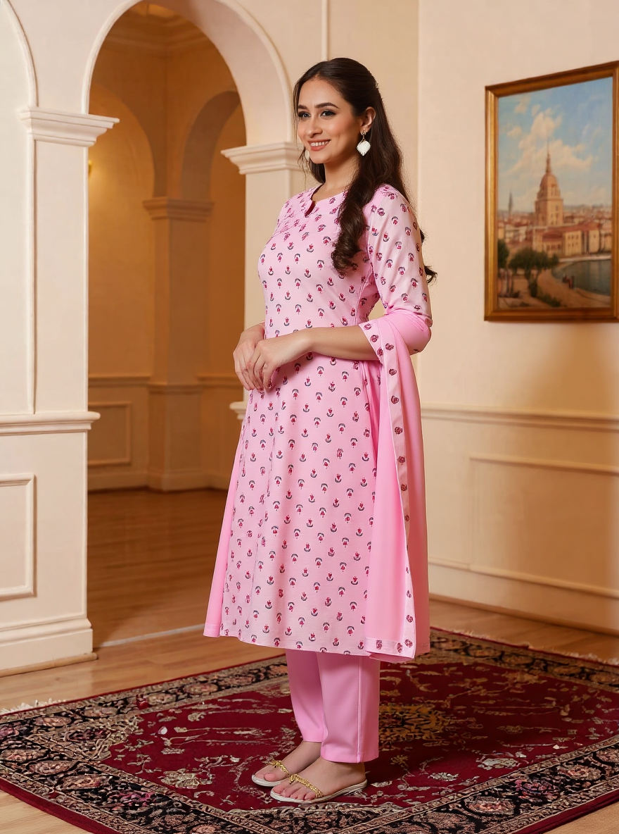 Chanderi Floral Straight Baby Pink Kurta