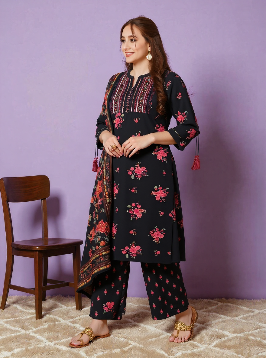 Embroidered Viscose Floral Straight Black Kurta