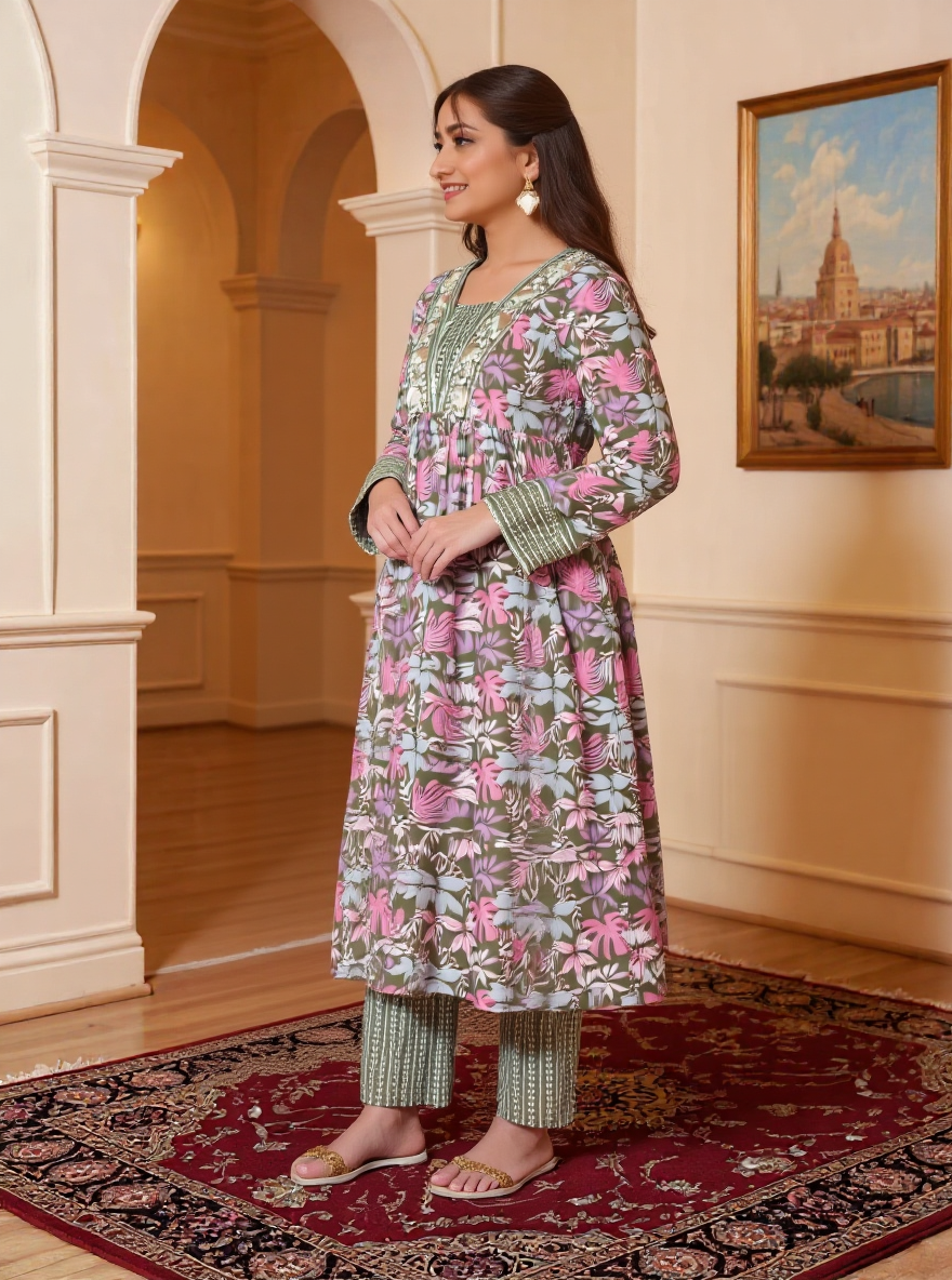 Embroidered Soft Cotton Floral Anarkali Green Kurta