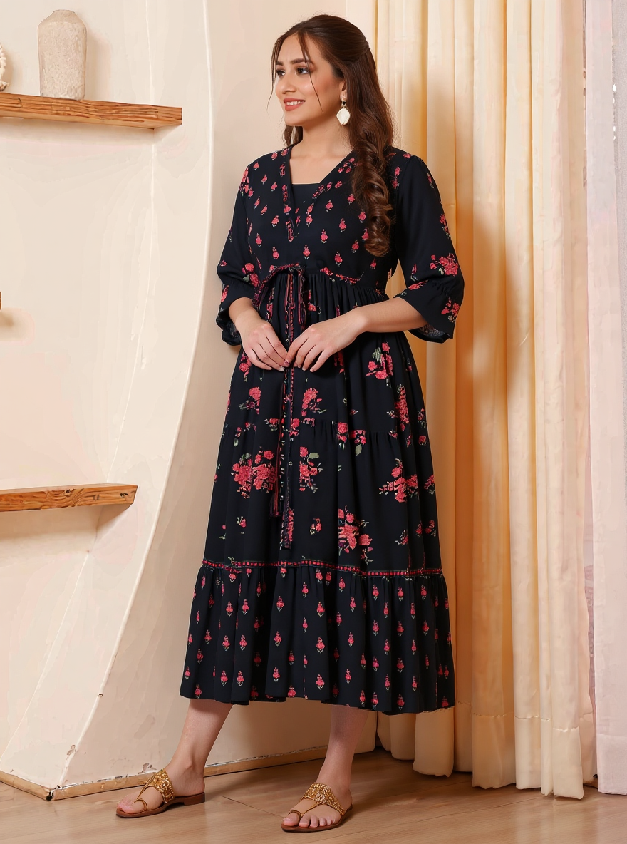 Viscose Floral Gathered Black Dress