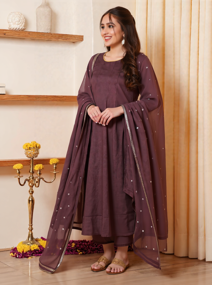 Embroidered Cotton Voile Solid Anarkali Brown Kurta