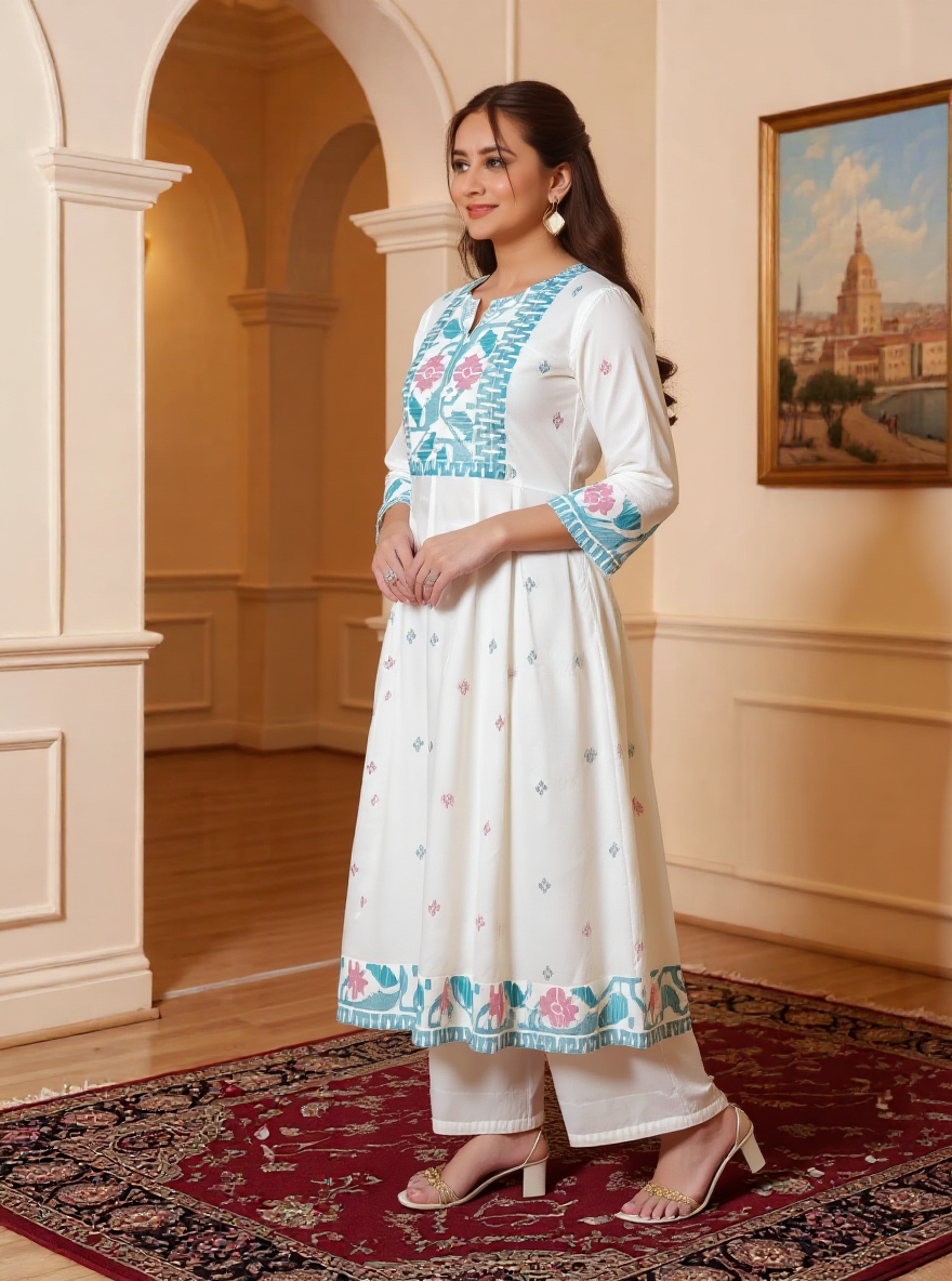 Soft Cotton Geometric Off White Kurta