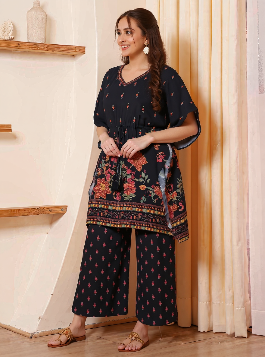 Viscose Floral Kaftan Black Kurta