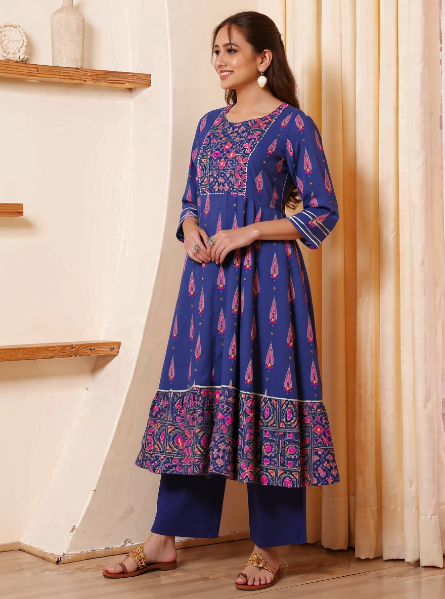 Soft Cotton Mughal Print Anarkali Purple Kurta
