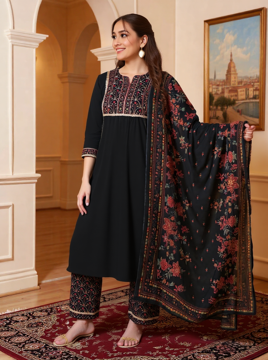 Viscose Solid Flared Black Kurta