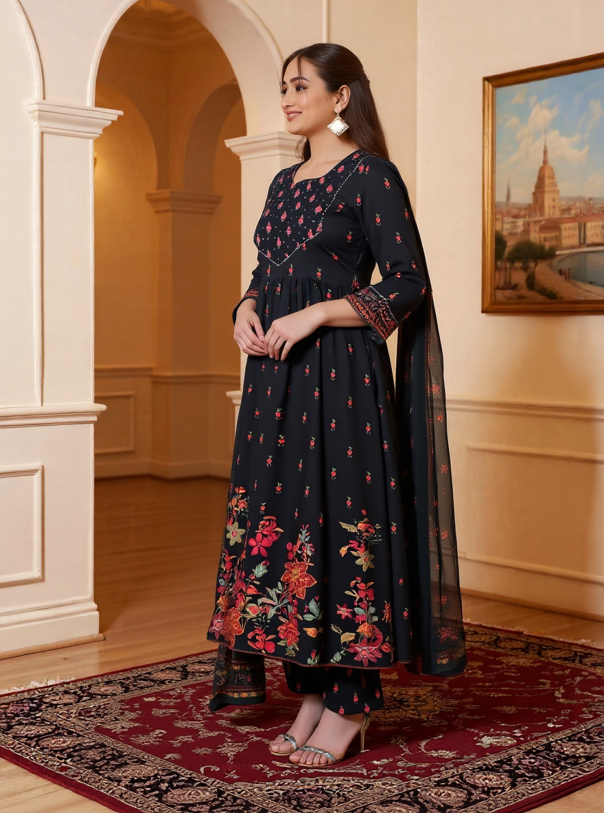 Viscose Floral Flared Black Kurta