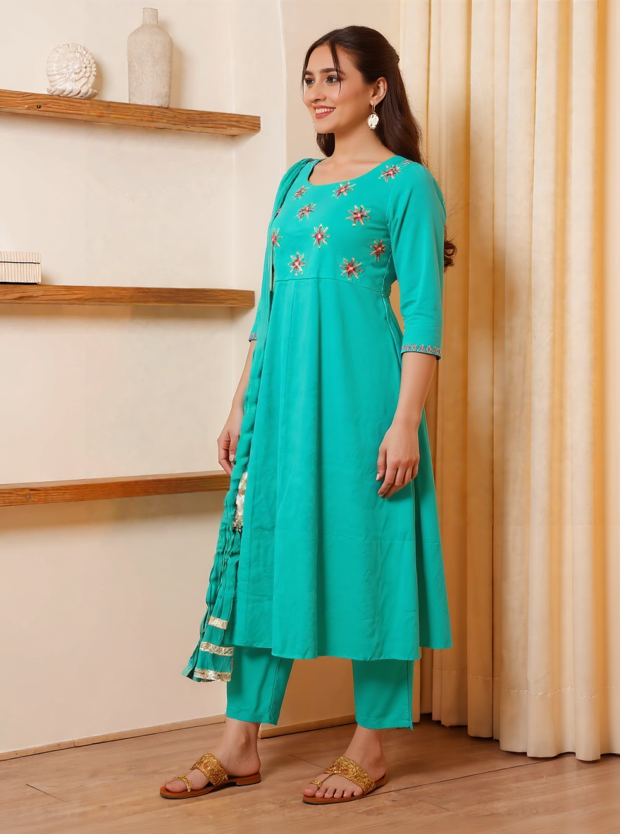 Embroidered Linen Cotton Solid Anarkali Sea Green Kurta