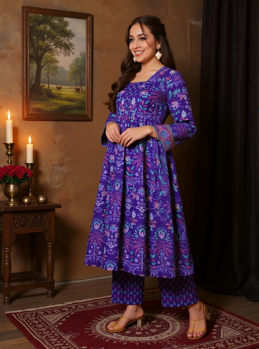 Embroidered Soft Cotton Floral Anarkali Purple Kurta