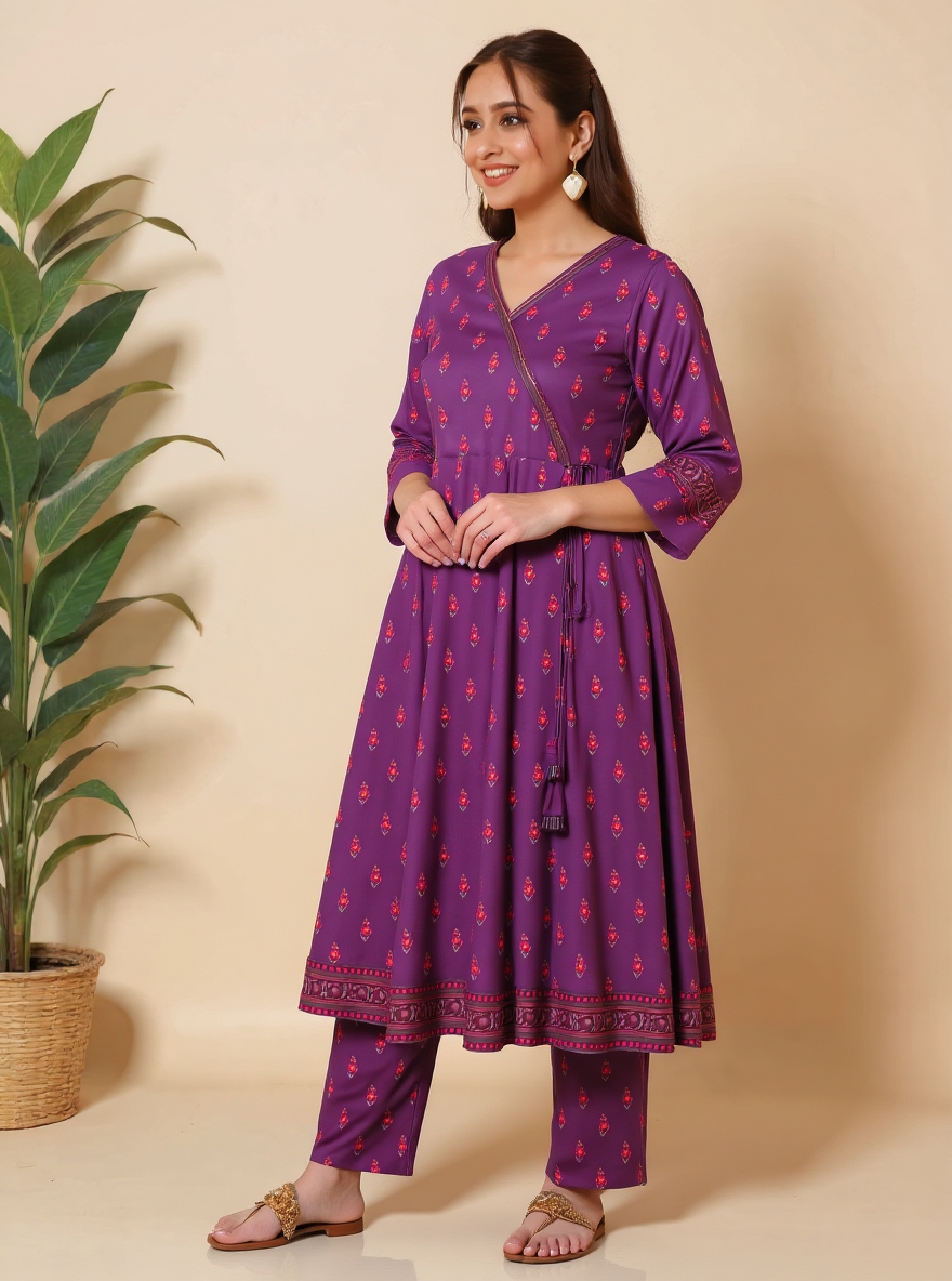 Embroidered Viscose Floral Angrakha Purple Kurta