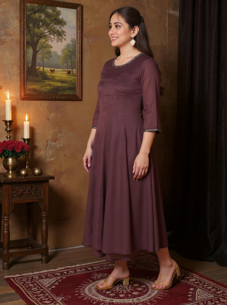 Embroidered Cotton Voile Solid Anarkali Brown Kurta