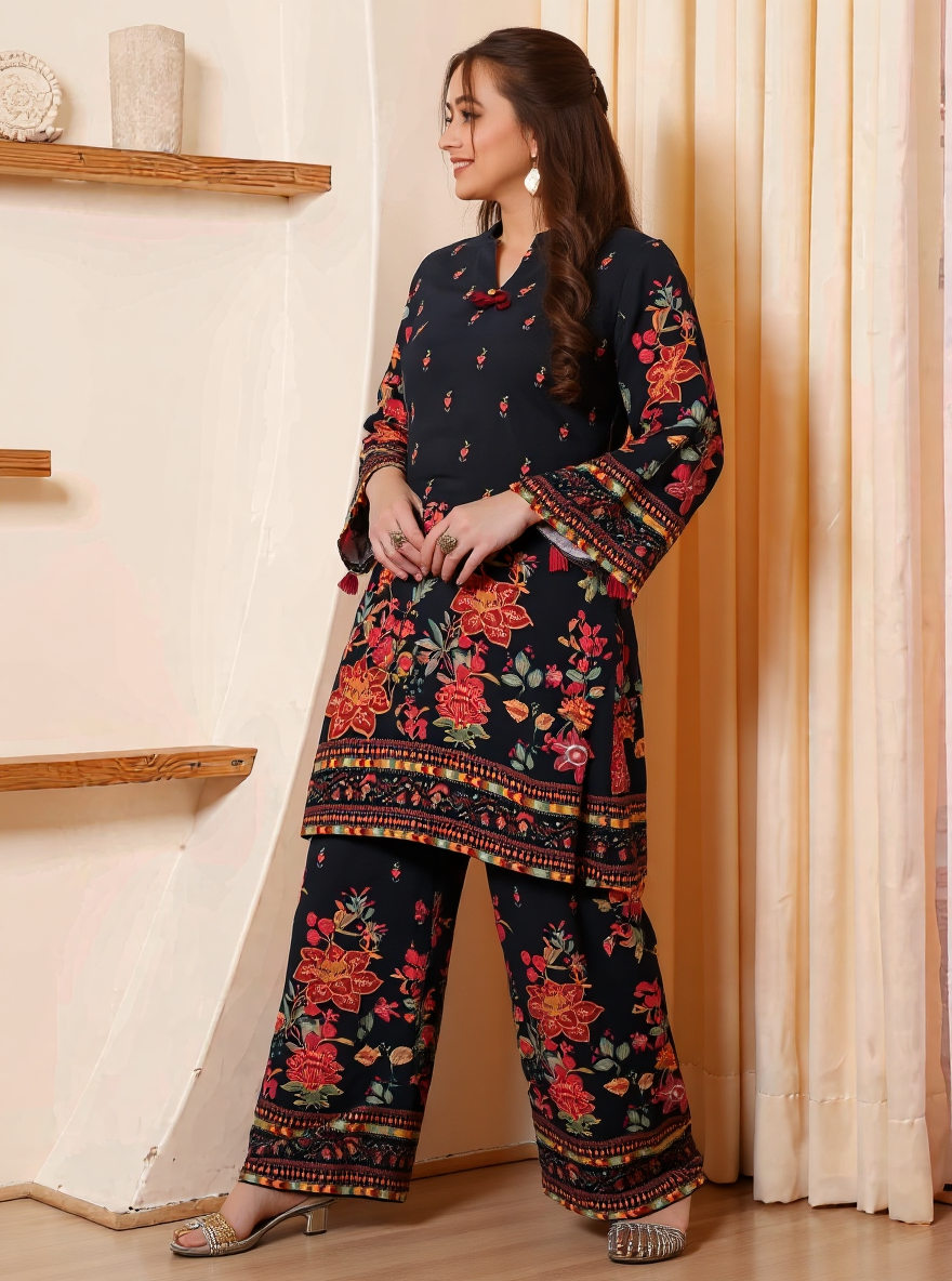 Viscose Placement Print Straight Black Kurta