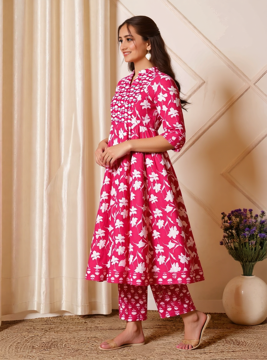 Embroidered Soft Cotton Floral Panelled Pink Kurta