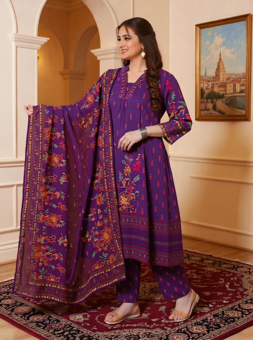 Embroidered Viscose Floral Flared Mauve Kurta