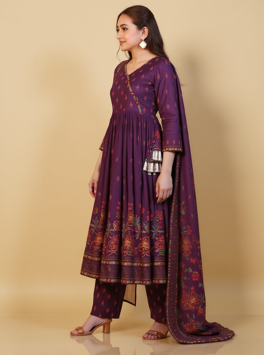 Embroidered Viscose Placement Print Angrakha Mauve Kurta