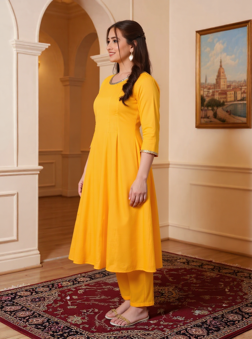 Embroidered Cotton Voile Solid Anarkali Yellow Kurta