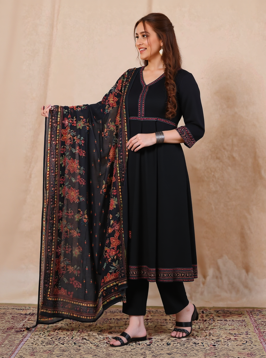 Viscose Solid Anarkali Black Kurta