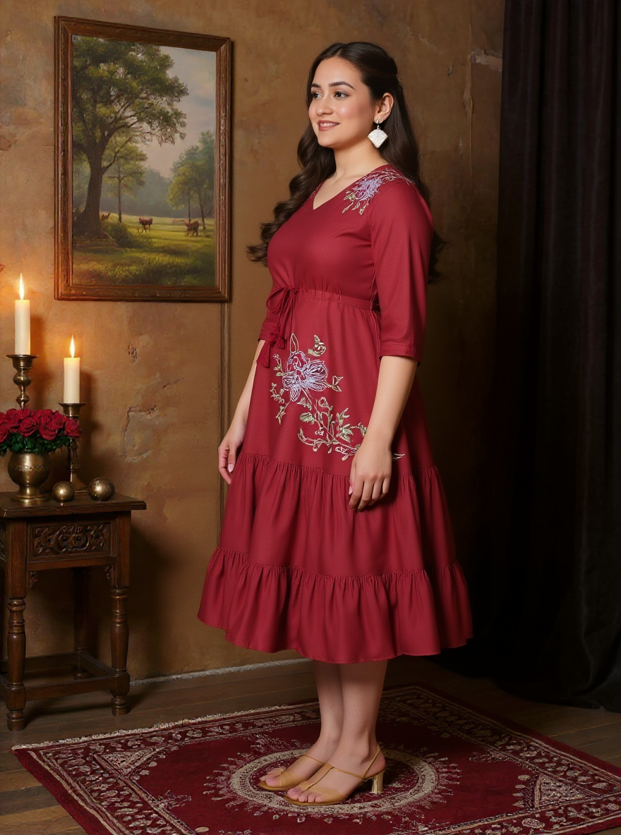 Embroidered Blend Cotton Solid A-line Maroon Dress