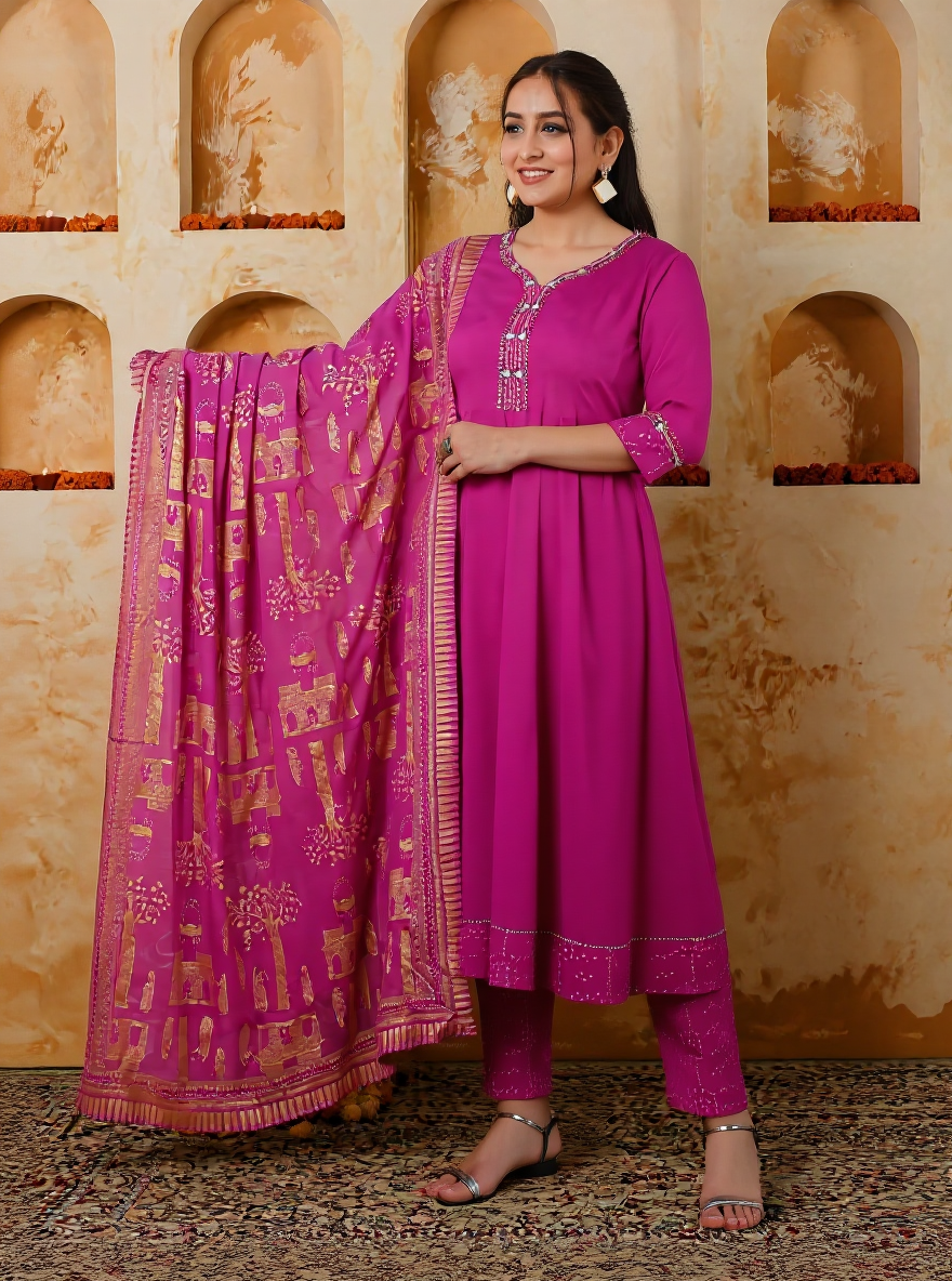 Viscose Solid Anarkali Pink Kurta