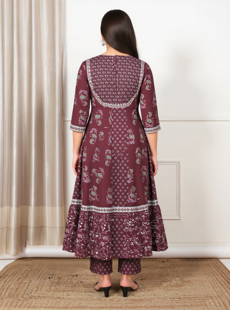 Embroidered Soft Cotton Floral Anarkali Maroon Kurta